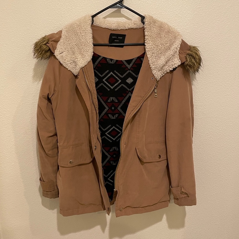 Love Tree Honey Mustard Utility Jacket with Removable Faux Fur Trim